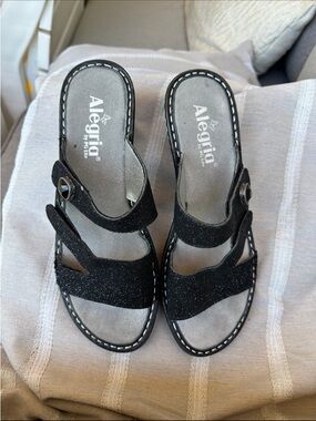 Alegria Black Glitter Slide Sandals with Adjustable Strap